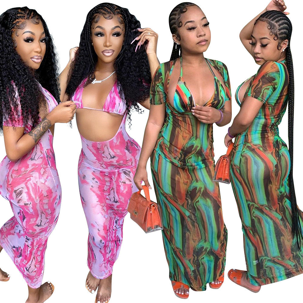 Printed Mesh Dress Long Dress